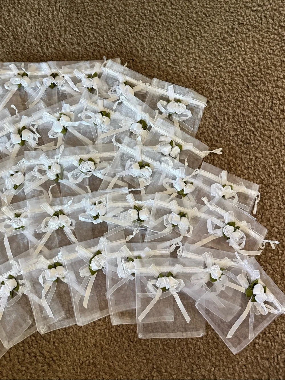 50 PCS White 3D Flower Organza Drawstring Gift Bags
